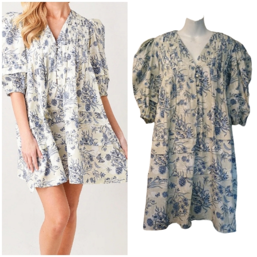 Hunter Bell Gardenia Jenkins Floral Blue and White Dress Puff sleeves